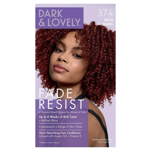 Coloration Permanente Dark and Lovely Couleur 374 Rich Auburn – Teinture Nourrissante pour Cheveux Crépus, Frisés, Bouclés ou Défrisés – Couleur Acajou Intense, Brillance Longue Durée et Soin Réparateur Inclus