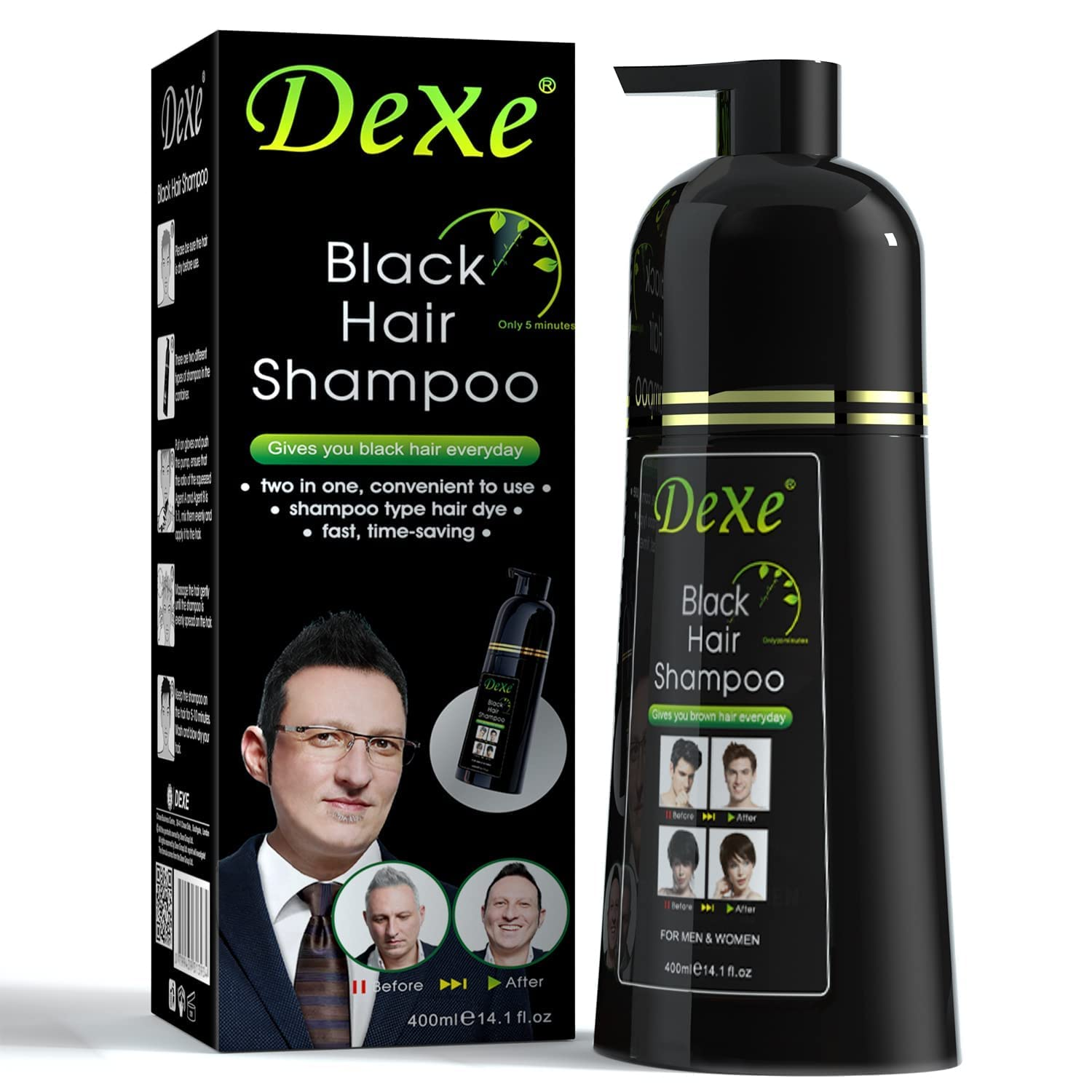 Teinture Instantanée Dexe Black Hair Shampoo 400ml pour Cheveux Noirs, Homme et femme